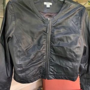 Leather Cache Black Cropped Jacket, Lined, Front Gather, Size L